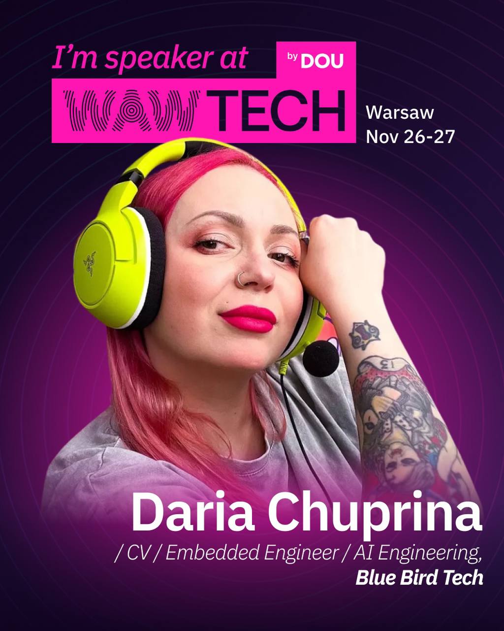 WAWTech 2026 speaker announcement for Daria Chuprina, Blue Bird Tech, Warsaw, 26–27 November